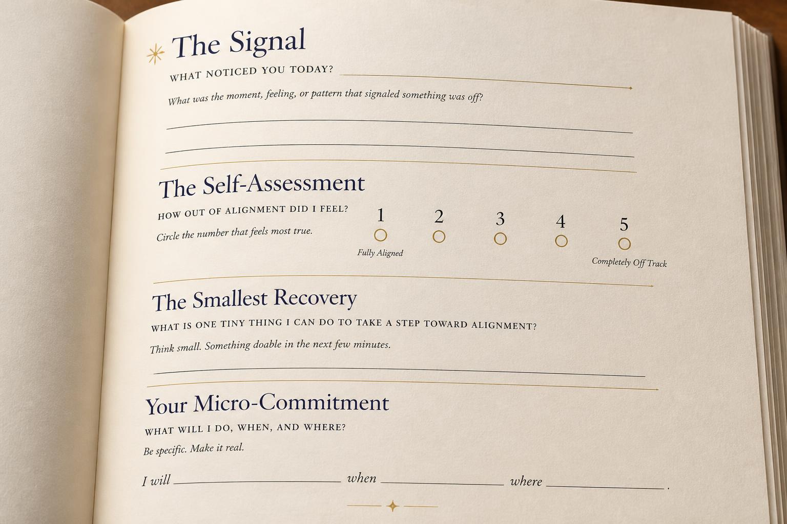 Sample workbook interior spread with The Signal, Self-Assessment 1-5 scale, Smallest Recovery, and Micro-Commitment sections
